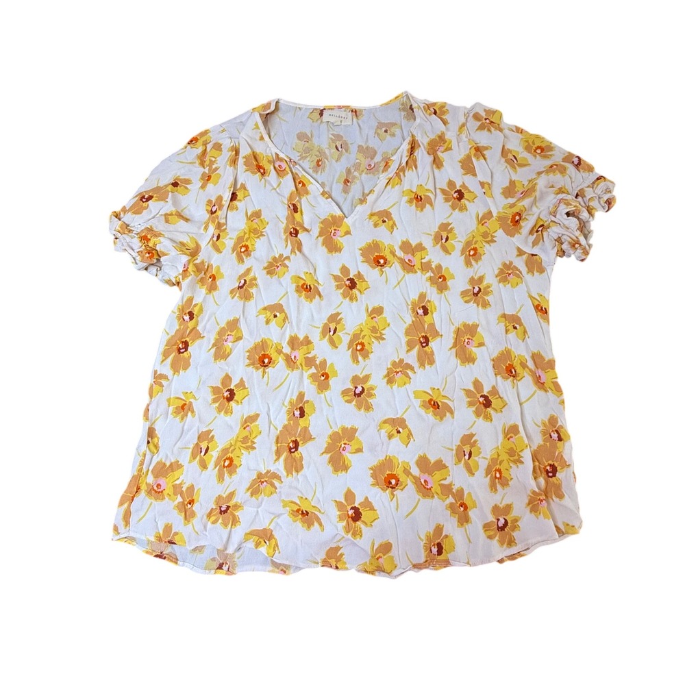 Melloday Floral Blouse‎ V Neck Short Sleeve Top Casual Yellow XL